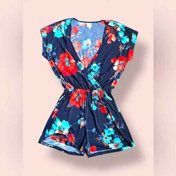 Floral Navy Wrap Romper - Women's Short Jumpsuit - Picture 3 of 6